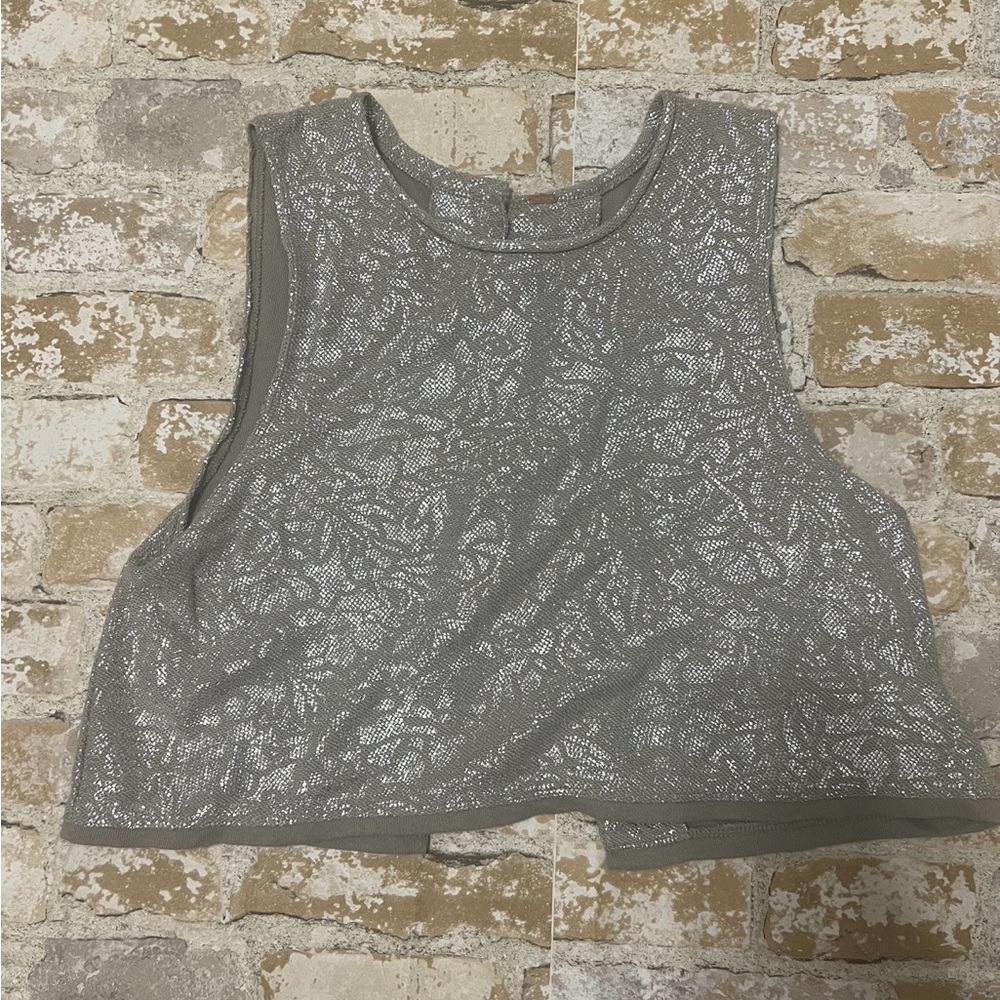 Free People Floral Shiny Silver Crop Tank Top